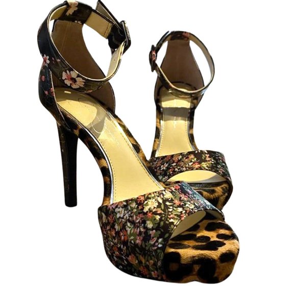 Jessica Simpson Divene Floral Cheetah Color Block Ankle Strap High Heel Stiletto - Picture 1 of 9